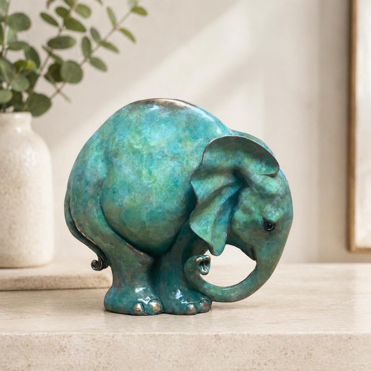 Elephant sculpture in a verdigris patina