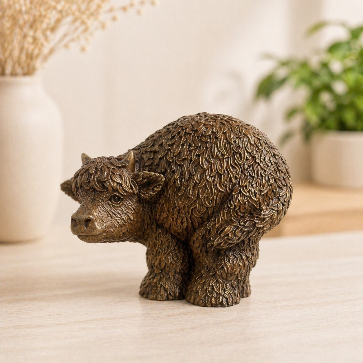 bronze sculpture of a young highland cow