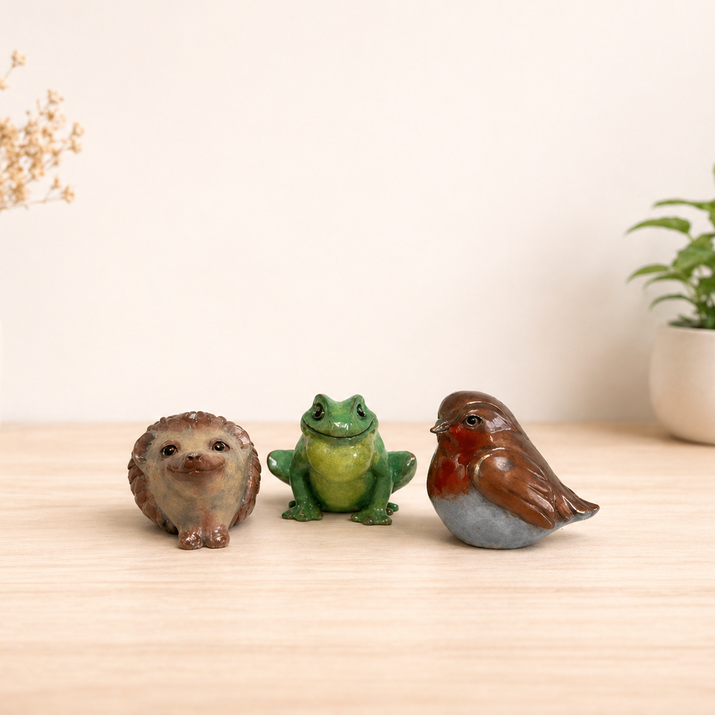 Three small animal figurines (hedgehog, frog, and robin) on a wooden surface with plants in the background.