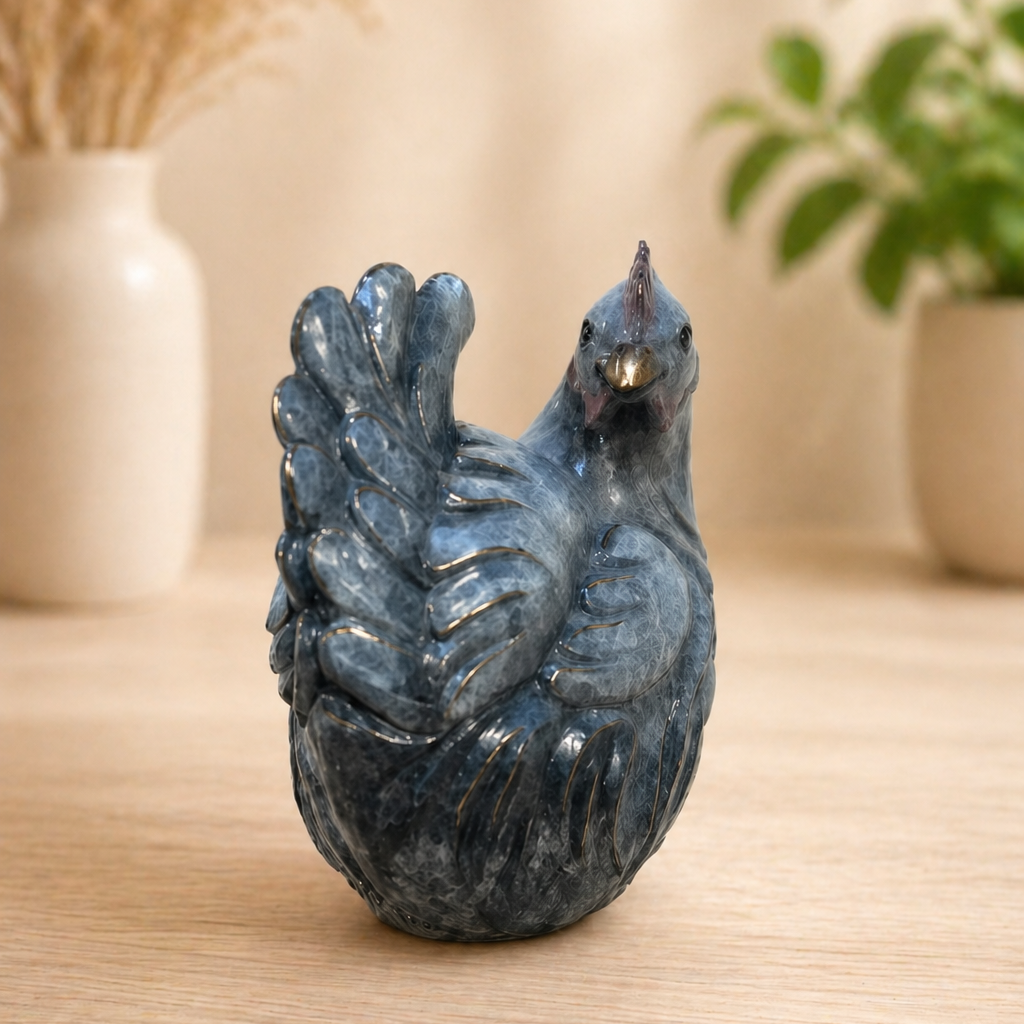 Bronze chicken sculpture in grey