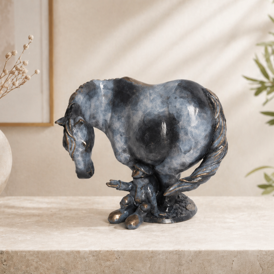 Statue of a horse and boy on a shelf with decorative items in the background