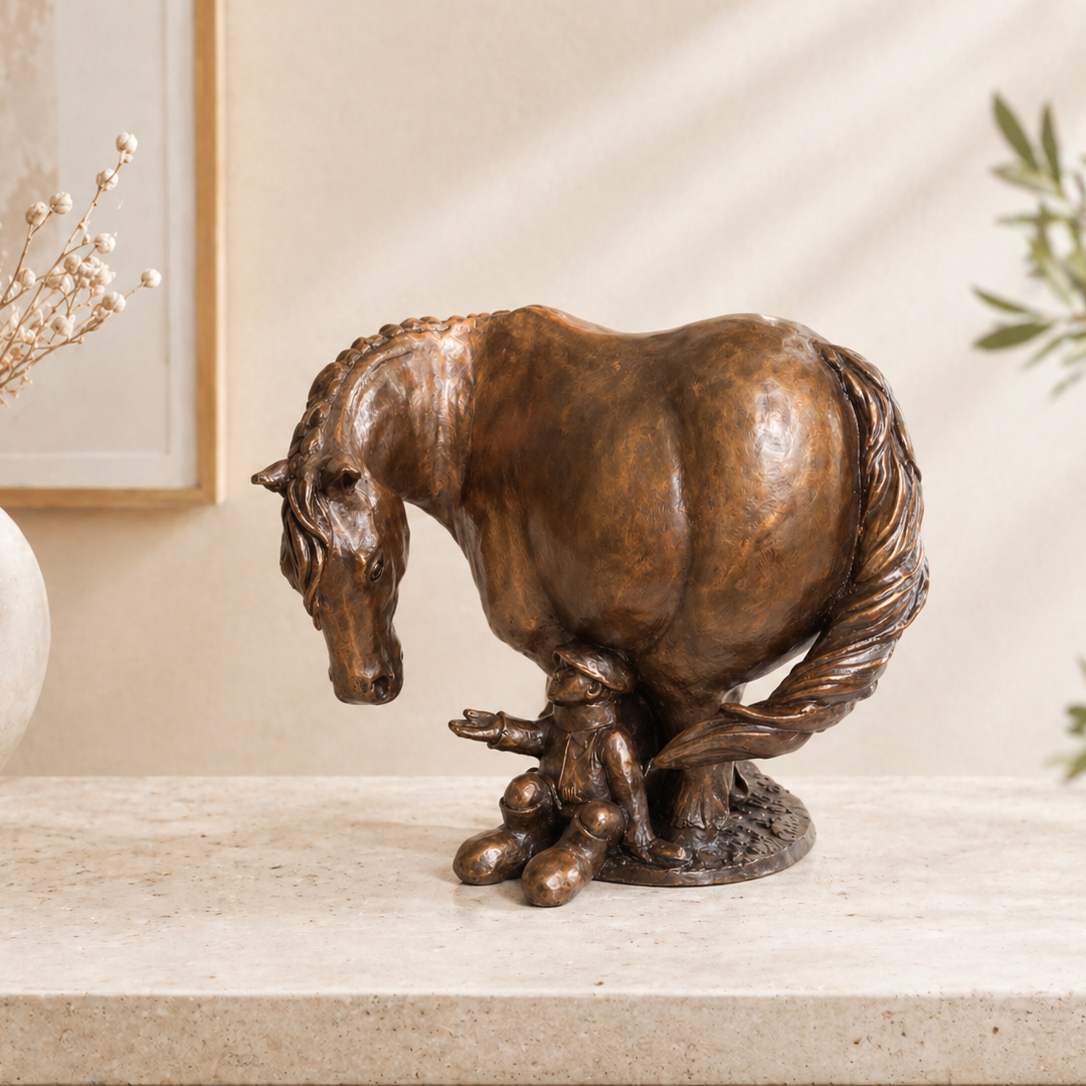 Bronze horse statue on a surface with decorative elements in the background